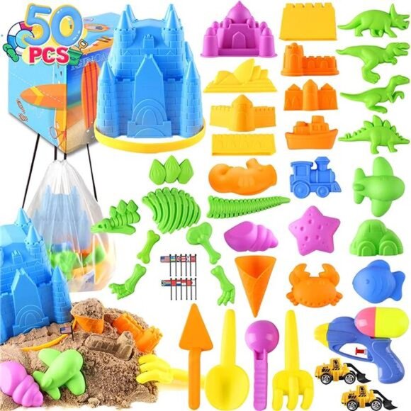 Beach Sand Molds Toys Set for Kids Baby Toddlers 50PCS, Includes Castle Bucket